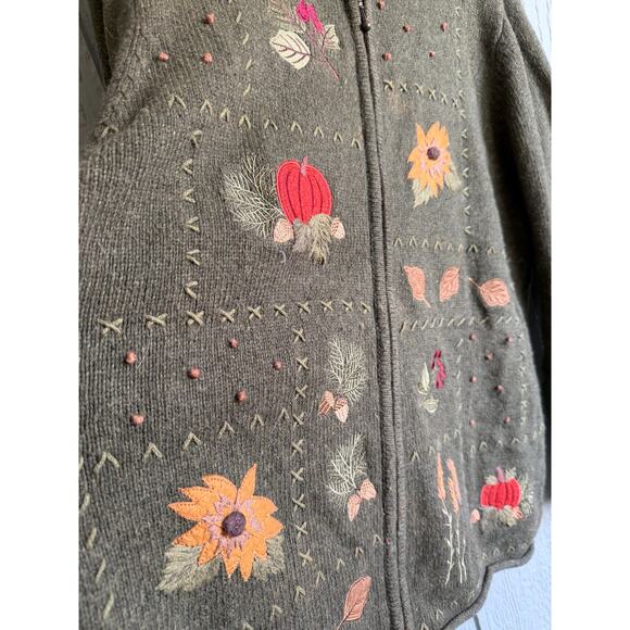 Vintage 90s Croft & Barrow Knit Embroidered Fall Sunflower Zip Cardigan, 1x - Picture 2 of 7